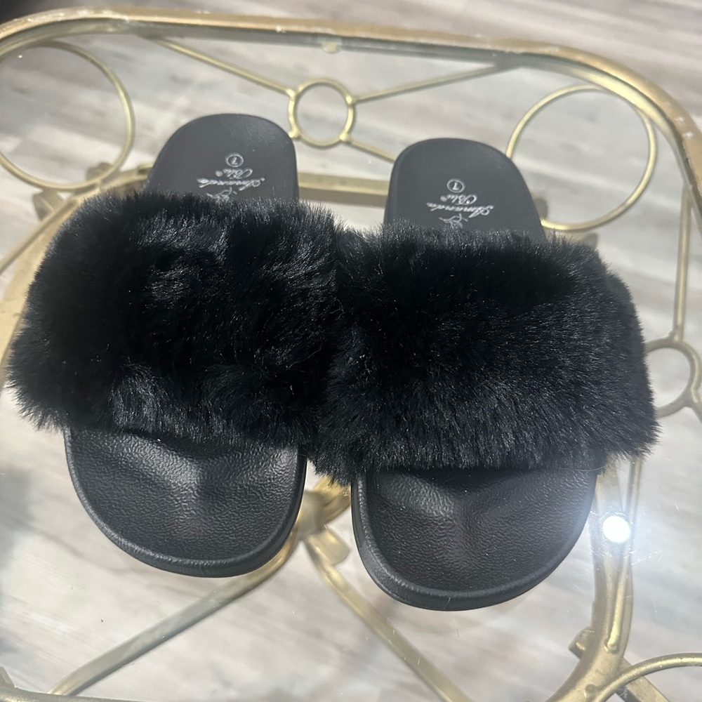 Black Faux Fur Slide Sandals - Women